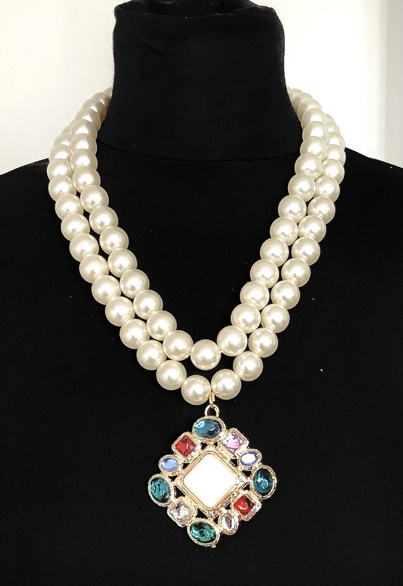 Vintage Two Row Faux Pearl Baroque Pendant Statement Necklace eBay