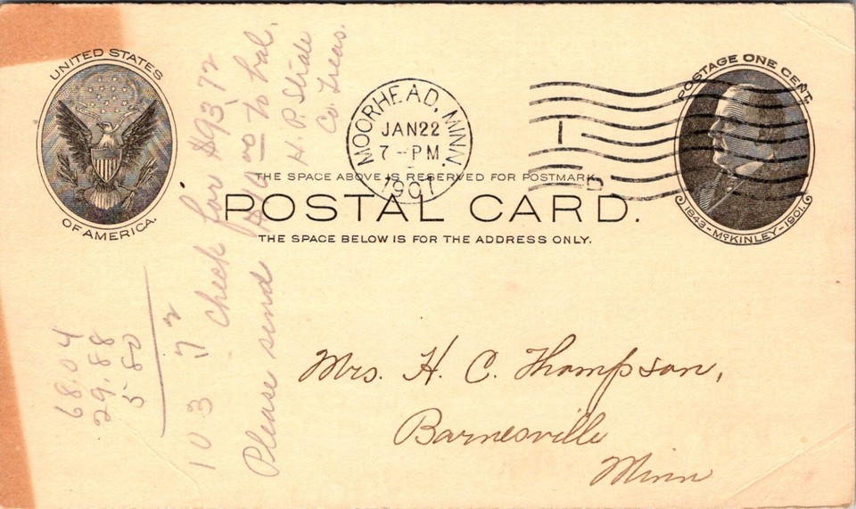 Barnesville, MN Clay County Property Tax Notice 1907 Postal Card L535