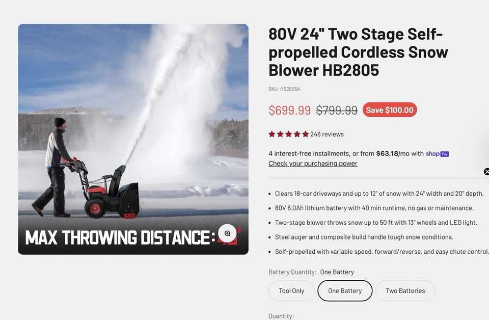 PowerSmart 80V 24" Cordless Snow Blower, 45ft Distance, Steel Chute, 6Ah Battery - Image 3 of 4