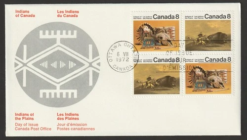 Canada #563b, Plains Indians, Block, Type A, Tagged, First Day Cover, FDC 1972