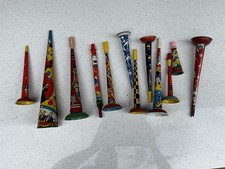 12 Vintage US metal toy company noise maker tin horn, Clowns, colorful graphics