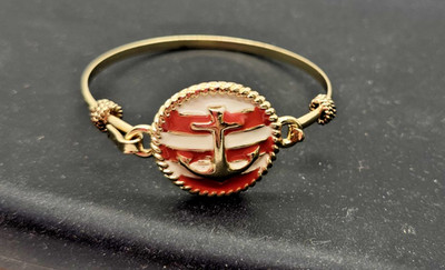 C. Wonder Nautical Anchor Bangle Bracelet Red White Enamel Gold Tone Preppy