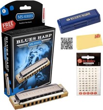 532 Blues Harp MS Harmonica Key of G Bundle with Case Cloth Stickers Manual