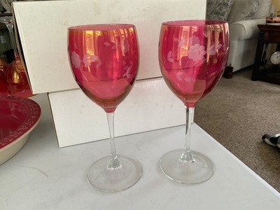 Bohemian Czech Cranberry/Red Cut To Clear Wine Glasses On Stem 8   Set Of 2