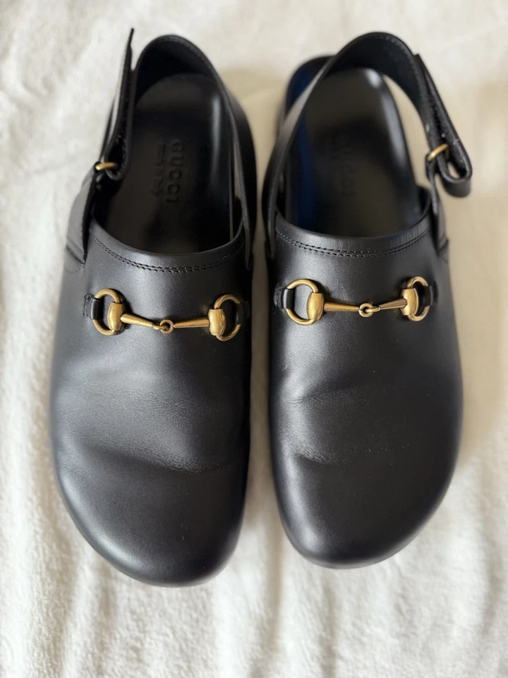 GUCCI MEN'S RIVER LEATHER HORSEBIT SLINGBACK SLIDE MULE CLOG BLACK US 13