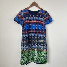 J Crew Dress Womens 2 Blue Green Geometric Silk Short Sleeve Mod Pockets