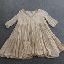 Raga Dress Womens M Beige Viscose Trapeze 3/4 Sleeve Tiered Ruffle Boho Short