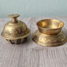 Vintage Small Indian Engraved Elephant Claw Brass Temple Bell with Round Holder