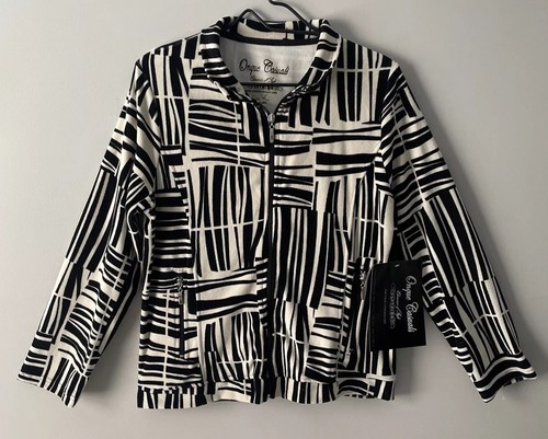 Onque Casuals Jacket Womens Large Cream Black Velour Full Zip Artsy