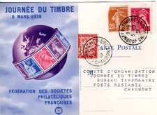 406+ FDC  CARTE MAXIMUM  1er JOUR  JOURNEE  DU  TIMBRE 1939  CHAUMONT
