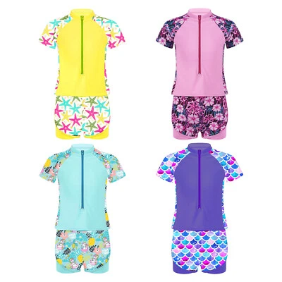 Mädchen Blumen Druck Schwimmanzug Badeshirt+Badeshorts Set UV-Schutz 50 Bademode - Bild 1 von 2