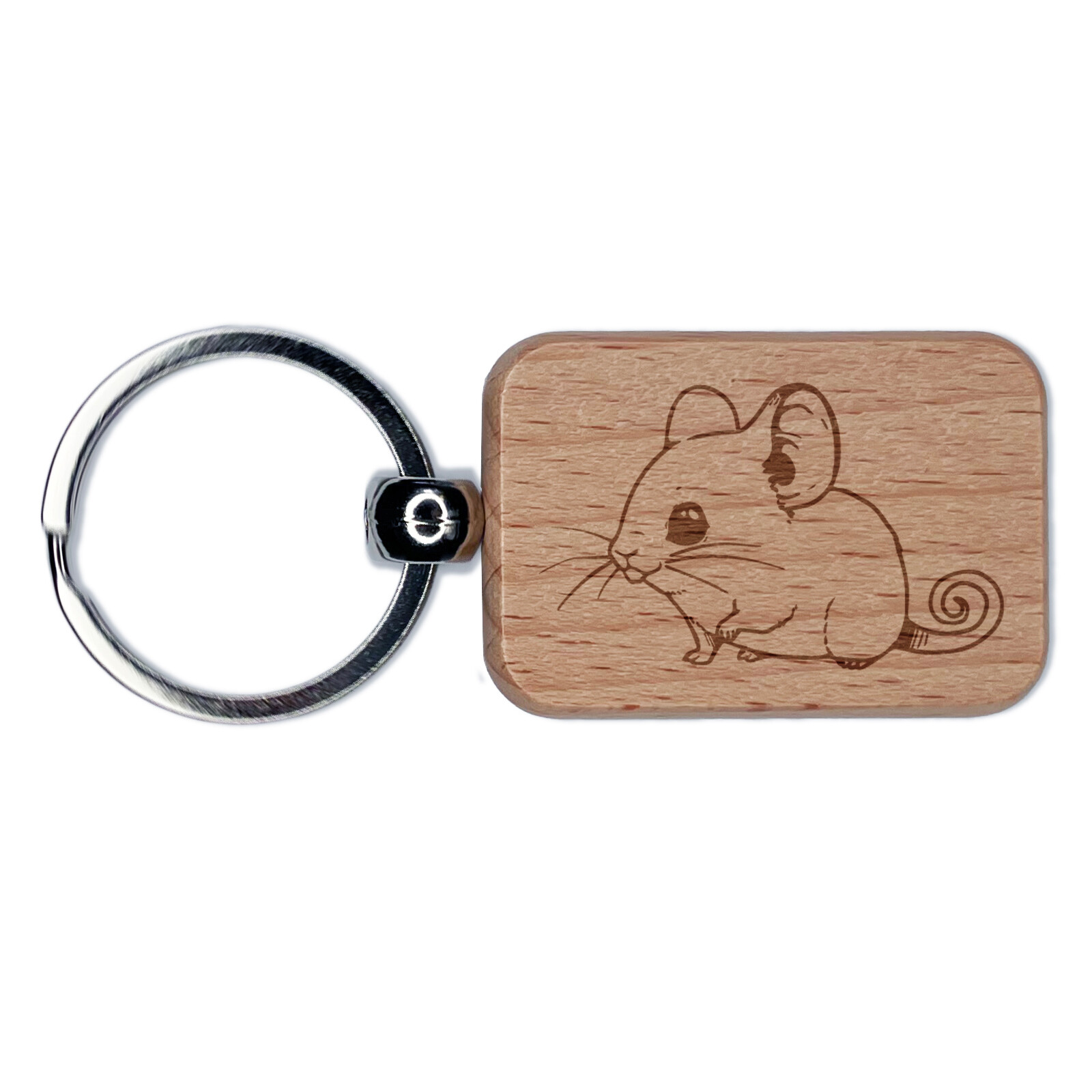 Field Mouse Rodent with Curled Tail Engraved Wood Rectangle Keychain Tag Charm