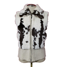 June Genuine Rabbit Fur & Wool Knit Off White Brown Sweater Vest Full Zip M