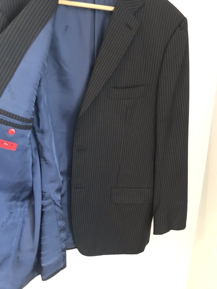 Blazer Isaia Hecho en Italia Para Hombres Azul Marino Negro Rayas Super 120s Lana 48L Foto 4 de 4