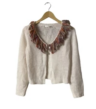 Anthropologie Snak Cardigan Lambswool & Angora Blend Fringe Yarn Collar Size-M