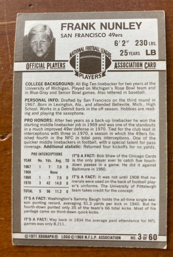 1971 Kellogg's 3-D Frank Nunley #3 Xograph Football Card - Picture 2 of 2