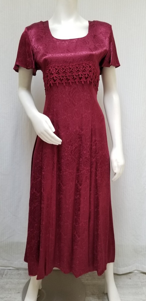 Vintage JODY California Merlot Floral Satin Tie Back Dress w/ Crochet Trim  - M | eBay
