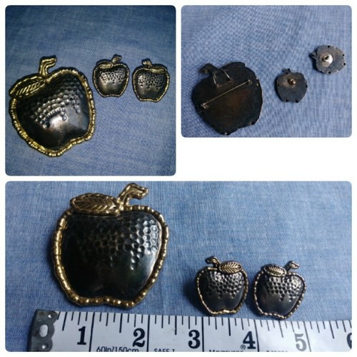 VTG Large Apple Brooch Necklace Pendant Silver Tone Gold Tone With Earrings - Picture 2 of 7