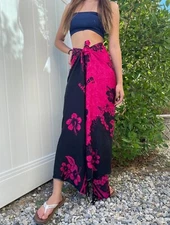 Hawaii Sarong Pink Black Hibiscus Hawaiian Luau Pareo Beach Pool Cruise Dress 