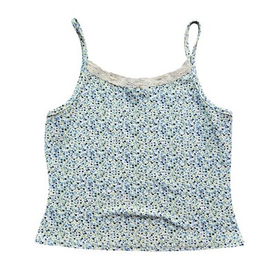 Just Polly XL Blue Floral Ribbed Lace Trim Cami Spaghetti Strap Tank Top JK15804
