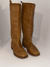 Women’s Brown Leather Knee High Pull On Riding Boots Equestrian Round Toe
