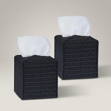 Tissue Box Cover 2-Pack, Square Tissue Holder with Bottom Woven Pattern Black