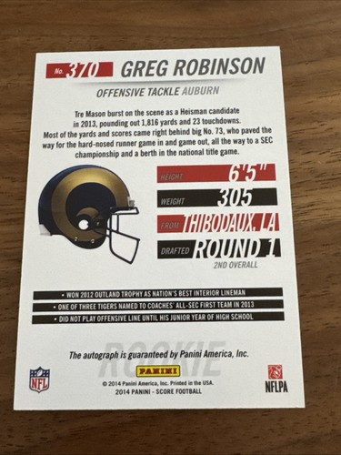 Panini Hot Rookies Rookie 2014 rojo automático #370 Greg Robinson #26/75 NFL LA Rams - Imagen 2 de 2