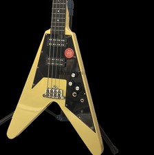 Factory Electric Bass Guitar Cream Yellow V Mahogany Body Neck Black Pickguard