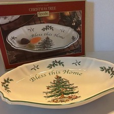 SPODE Christmas Tree Bless This Home Holiday Serving Tray 11" X 7" New