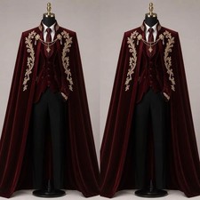 Luxury Velvet Men's Burgundy Suit with Cape Gold Embroidery Prom Coat Costume