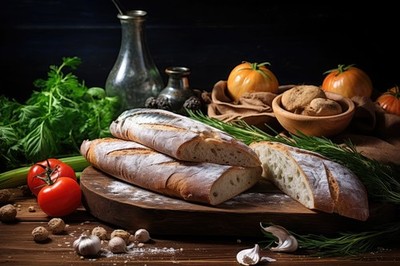 Wandbild: ein geschnittenes Brot auf einem Schneidebrett mit Gemüse und [...]