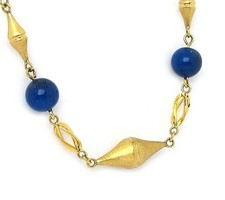 Lapis Bead Fancy Textured 14k Yellow Gold Link Necklace