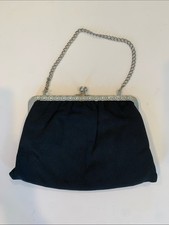 Vintage Mid-Century Kiss Lock Black Crepe Fabric Evening Clutch Handbag Purse