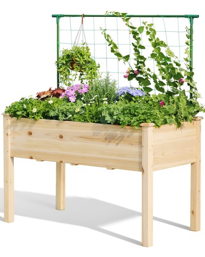 Quictent Raised Garden Bed with Trellis Elevated Wood Planter Box Stand for B...