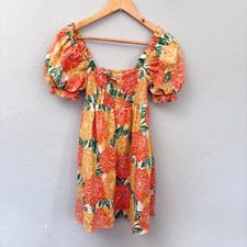 Faithful the Brand Linen Smocked Mini Dress Women Size 4P Orange Yellow