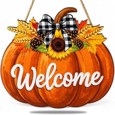 Shintop Fall Door Decor, Wooden Pumpkin Welcome Hanger Sign with Rope