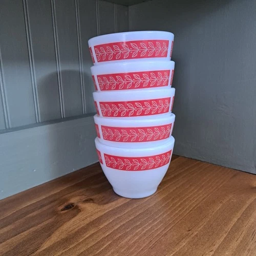 Vintage Anchor Hocking Red Laurel Leaf Custard Cups Milk Glass Set of 5