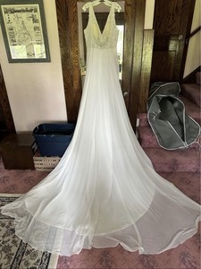 White A-Line Wedding Dress V-Neck Lace & Beaded Bodice With Extra 2’ on Train
