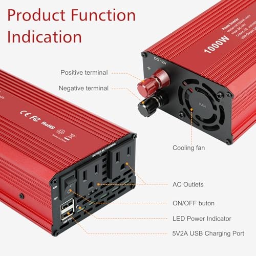  1000W/2000W(Peak) Power Inverter for Vehicles, DC 12V to 110V AC 1000W Red - Picture 5 of 8
