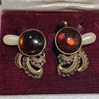 Gold Tone Filigree Clip-On Earrings Round Brown Glass Cabochon Art Deco — photo 1