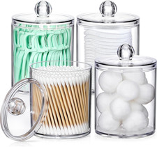 4 Pack Acrylic Qtip Holder Dispenser for Cotton Swabs, Balls, Pads, Floss Picks-