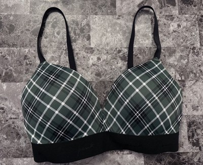 NWT VICTORIA'S SECRET PINK 32DD GREEN BLACK WHITE PLAID WIRELESS PUSH UP BRA