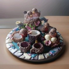Vtg Resin Birds Nest Miniature Tea Set 10 Pcs. Birds Flowers Butterflies Nests