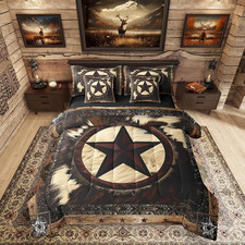 7 Pcs Rustic Cow Comforter Set King Size,Western Texas Star Bed in a Bag with Fl