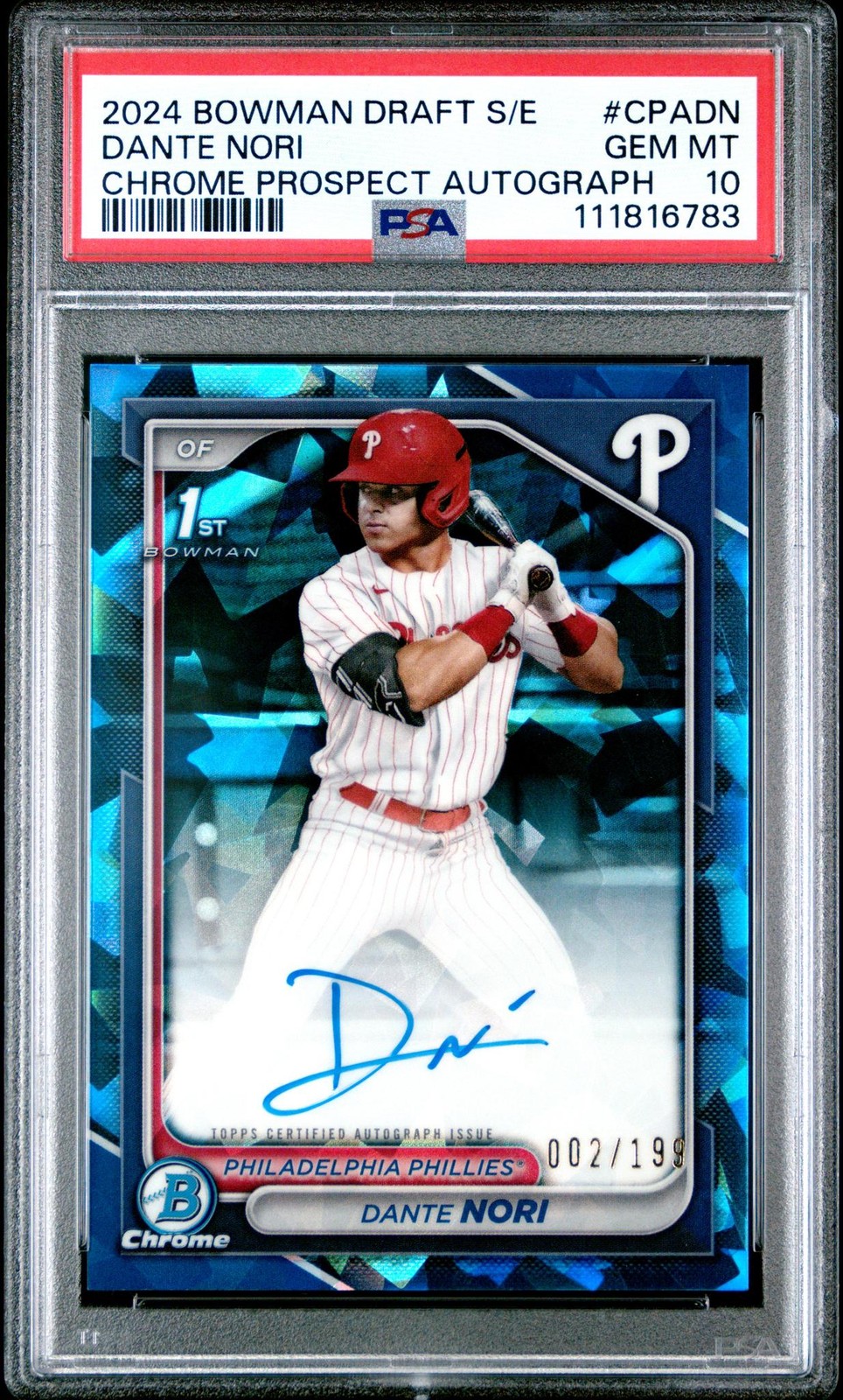 2024 Bowman Draft Sapphire Edition Chrome Prospect Auto Dante Nori /199 PSA 10