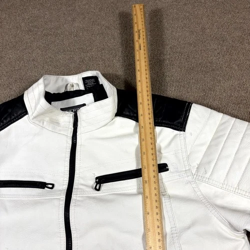 Distortion Biker Jacket Mens XL White Faux Leather Mock Neck Full Zip Racing image 14