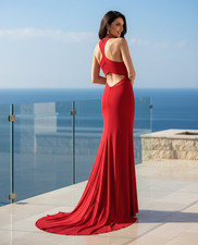 Red Stretch Jersey Prom Dress Size 2 Sheer High Slit Party Formal holiday Gown