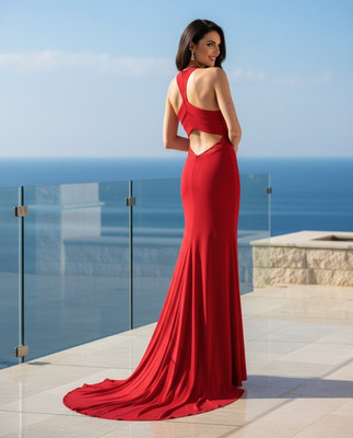 Red Stretch Jersey Prom Dress Size 0 Sheer High Slit Party Formal holiday Gown