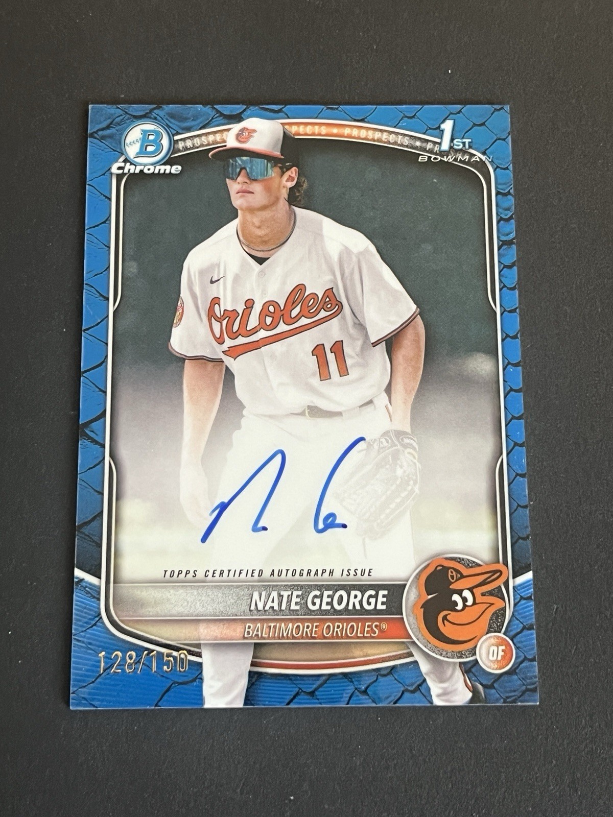 2025 Bowman Chrome Nate George 1st Bowman Auto Blue Reptilian /150 CPA-NG Oriole