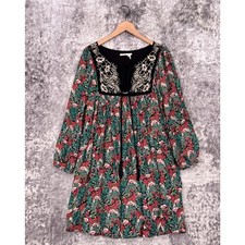 Anthropologie Dress XS Womens Floreat Floral Embroidered Green Tassel